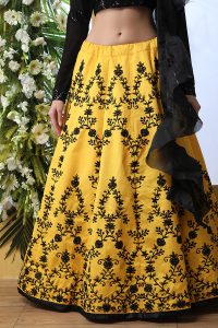 Yellow Embroidered Art Silk Wedding & Party Wear Semi Stitched Lehenga