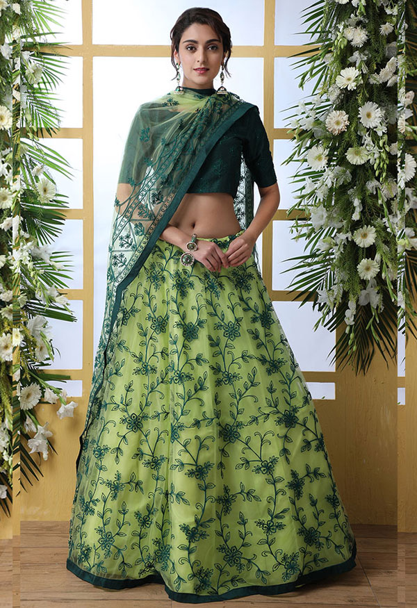 Fluorescent Green Embroidered Net Wedding Party Wear Semi Stitched Lehenga Zakarto