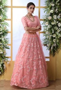 Peach Embroidered Net Wedding & Party Wear Semi Stitched Lehenga