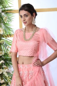 Peach Embroidered Net Wedding & Party Wear Semi Stitched Lehenga