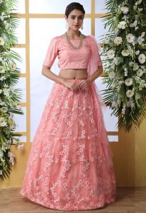 Peach Embroidered Net Wedding & Party Wear Semi Stitched Lehenga