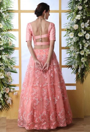 Peach Embroidered Net Wedding & Party Wear Semi Stitched Lehenga