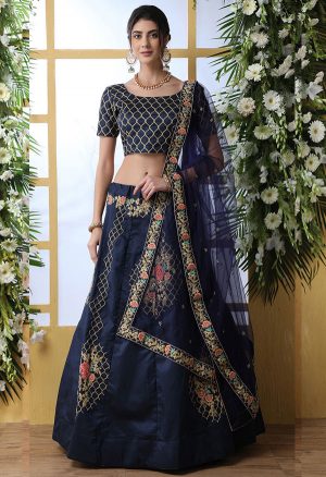 Navy Blue Embroidered Art Silk Wedding & Party Wear Semi Stitched Lehenga