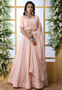 Peach Embroidered Georgette Wedding & Party Wear Semi Stitched Lehenga