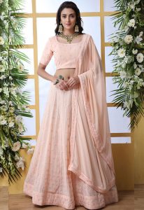 Peach Embroidered Georgette Wedding & Party Wear Semi Stitched Lehenga