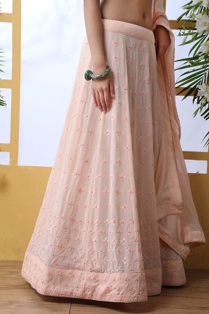 Peach Embroidered Georgette Wedding & Party Wear Semi Stitched Lehenga