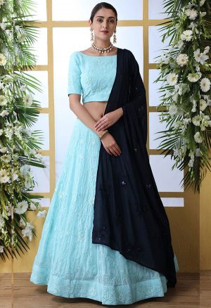 Sky Blue Embroidered Georgette Wedding & Party Wear Semi Stitched Lehenga