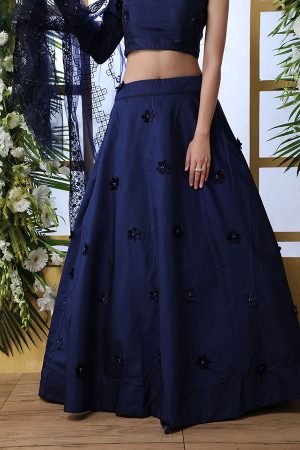 Navy Blue Embroidered Taffeta Silk Wedding & Party Wear Semi Stitched Lehenga