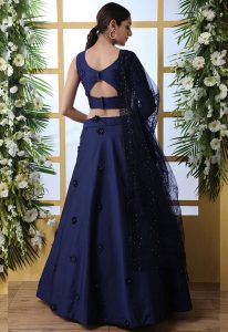Navy Blue Embroidered Taffeta Silk Wedding & Party Wear Semi Stitched Lehenga