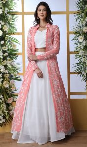 White Georgette Wedding & Party Wear Semi Stitched Lehenga