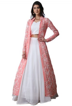 White Georgette Wedding & Party Wear Semi Stitched Lehenga