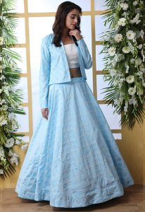 Sky Blue Embroidered Art Silk Wedding & Party Wear Semi Stitched Lehenga