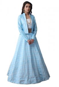 Sky Blue Embroidered Art Silk Wedding & Party Wear Semi Stitched Lehenga