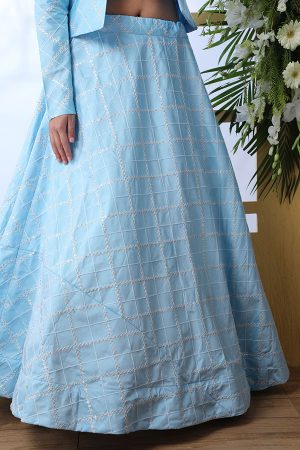 Sky Blue Embroidered Art Silk Wedding & Party Wear Semi Stitched Lehenga