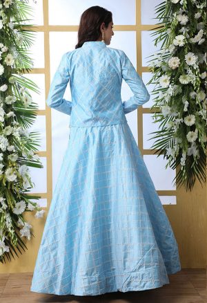 Sky Blue Embroidered Art Silk Wedding & Party Wear Semi Stitched Lehenga