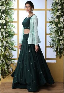 Dark Green Embroidered Maslin Cotton Wedding & Party Wear Semi Stitched Lehenga