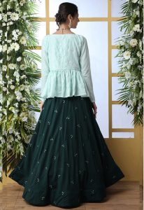 Dark Green Embroidered Maslin Cotton Wedding & Party Wear Semi Stitched Lehenga