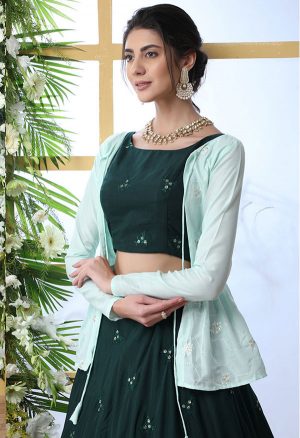 Dark Green Embroidered Maslin Cotton Wedding & Party Wear Semi Stitched Lehenga