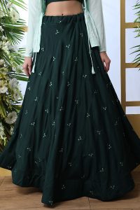 Dark Green Embroidered Maslin Cotton Wedding & Party Wear Semi Stitched Lehenga