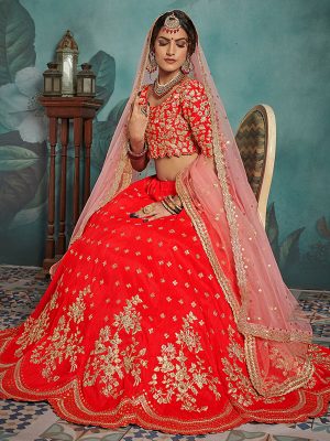 Red Heavy Embroidered Art Silk Wedding Semi Stitched Lehenga