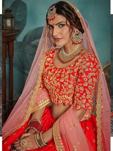 Red Heavy Embroidered Art Silk Wedding Semi Stitched Lehenga