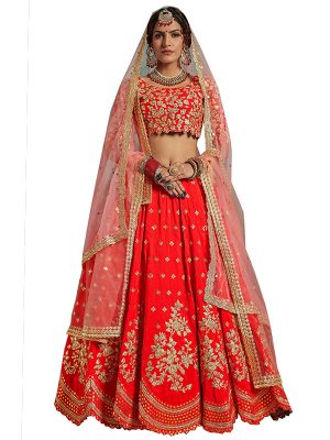 Red Heavy Embroidered Art Silk Wedding Semi Stitched Lehenga