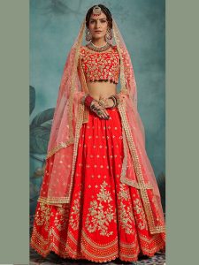 Red Heavy Embroidered Art Silk Wedding Semi Stitched Lehenga