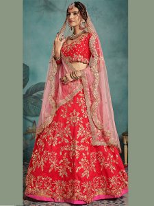 Red Heavy Embroidered Art Silk Wedding Semi Stitched Lehenga