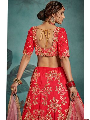 Red Heavy Embroidered Art Silk Wedding Semi Stitched Lehenga
