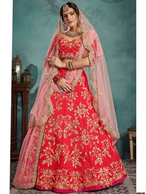 Red Heavy Embroidered Art Silk Wedding Semi Stitched Lehenga