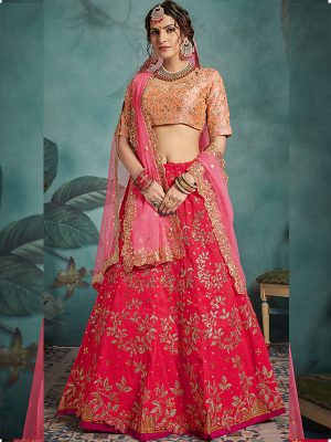 Pink Heavy Embroidered Art Silk Wedding Semi Stitched Lehenga