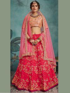 Pink Heavy Embroidered Art Silk Wedding Semi Stitched Lehenga