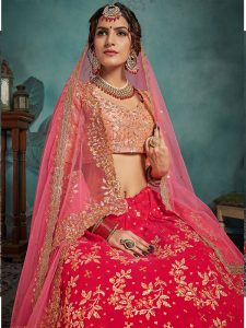 Pink Heavy Embroidered Art Silk Wedding Semi Stitched Lehenga