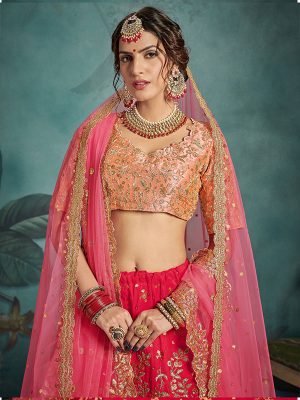 Pink Heavy Embroidered Art Silk Wedding Semi Stitched Lehenga