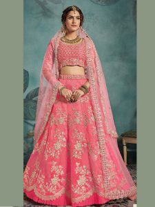 Neon Pink Heavy Embroidered Art Silk Wedding Semi Stitched Lehenga