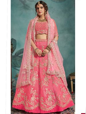 Neon Pink Heavy Embroidered Art Silk Wedding Semi Stitched Lehenga