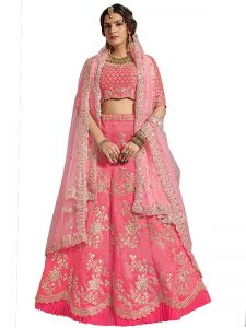 Neon Pink Heavy Embroidered Art Silk Wedding Semi Stitched Lehenga