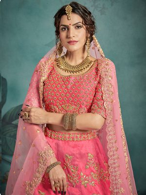 Neon Pink Heavy Embroidered Art Silk Wedding Semi Stitched Lehenga