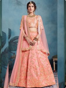 Peach Zari Work Art Silk Wedding Semi Stitched Lehenga