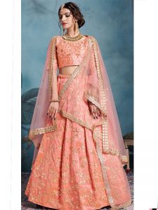 Peach Zari Work Art Silk Wedding Semi Stitched Lehenga