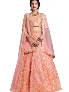 Peach Zari Work Art Silk Wedding Semi Stitched Lehenga