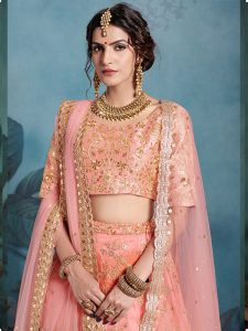 Peach Zari Work Art Silk Wedding Semi Stitched Lehenga