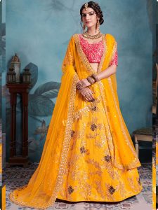 Yellow Zari Work Art Silk Wedding Semi Stitched Lehenga