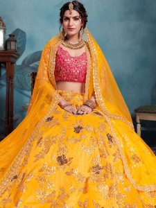 Yellow Zari Work Art Silk Wedding Semi Stitched Lehenga