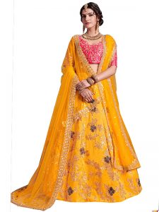 Yellow Zari Work Art Silk Wedding Semi Stitched Lehenga