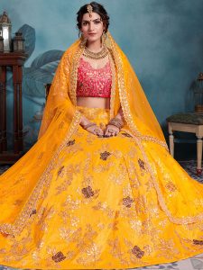 Yellow Zari Work Art Silk Wedding Semi Stitched Lehenga