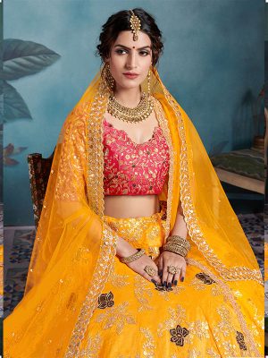 Yellow Zari Work Art Silk Wedding Semi Stitched Lehenga