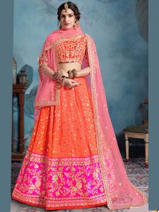 Multi Color Heavy Embroidered Art Silk Wedding Semi Stitched Lehenga