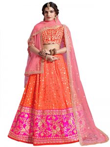 Multi Color Heavy Embroidered Art Silk Wedding Semi Stitched Lehenga