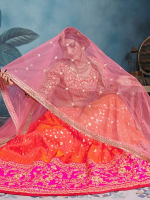 Multi Color Heavy Embroidered Art Silk Wedding Semi Stitched Lehenga